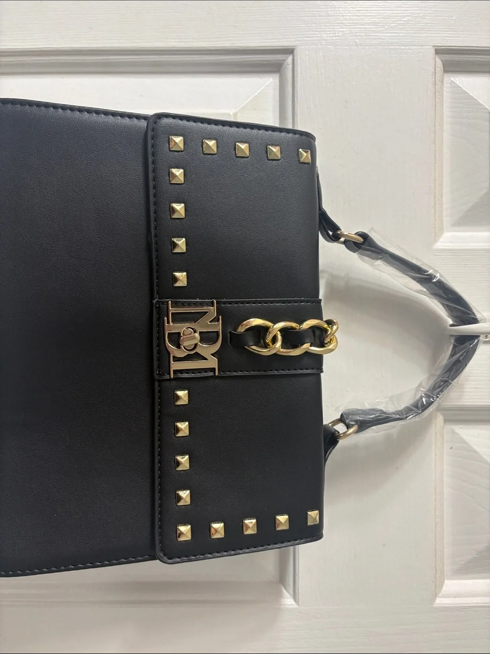 Black Studded Top-Handle Satchel with Gold Chain Accent